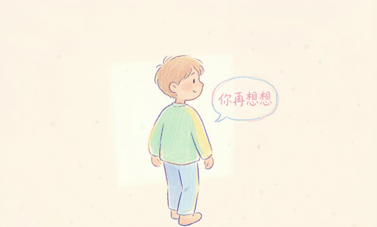 段落图：十年后孩子背影，旁边气泡写着“你再想想”，留白、有希望感