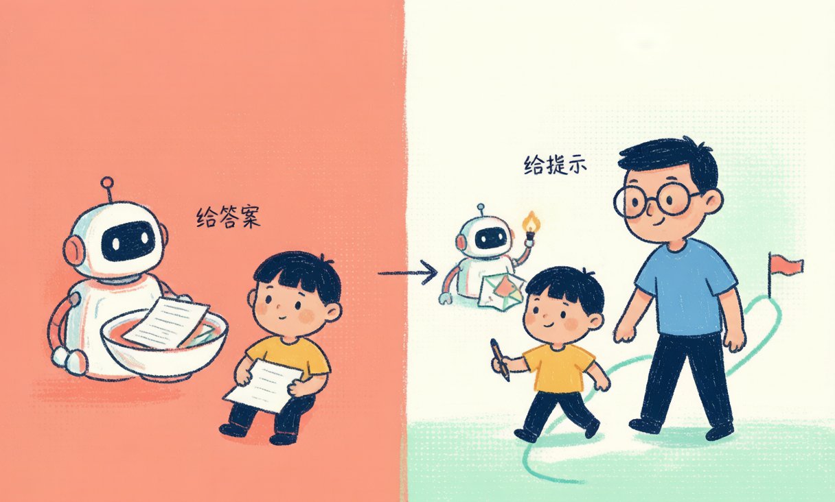 段落图1:AI给提示 vs 给答案(左右分镜对比)