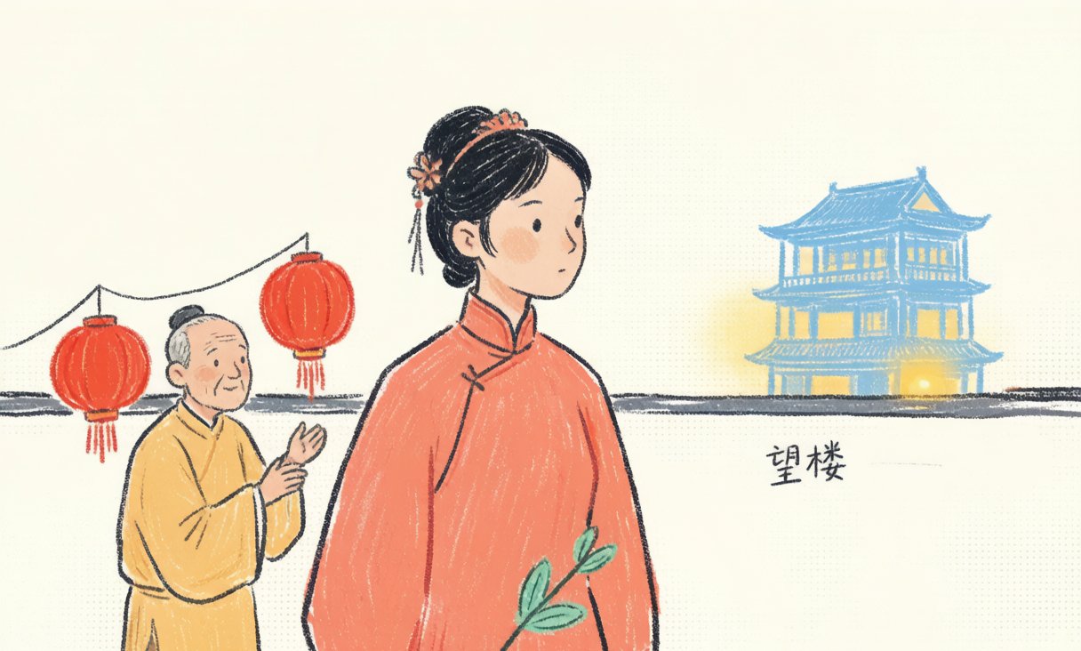 段落图:钱绣芸身着嫁衣,目光却越过婚事,望向远处范家藏书楼的剪影,腰侧别着芸草。