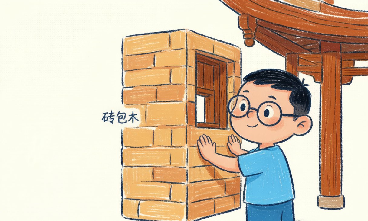 段落图1(楼体即防火墙):砖墙包木的防火结构细部,厚砖墙将木构包裹在内,标注