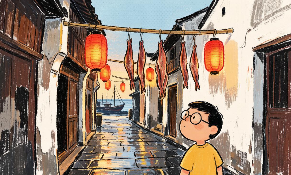 段落图1:黄昏的石浦老街,湿漉漉的石板路映着红灯笼,鱼鲞在风里晃,一个戴眼镜的大头旅人走过巷子,尽头是海港。