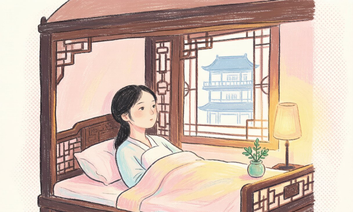 段落图:钱绣芸卧于清代闺房床榻,望向窗外天一阁藏书楼剪影,枕边放着一盆芸草。
