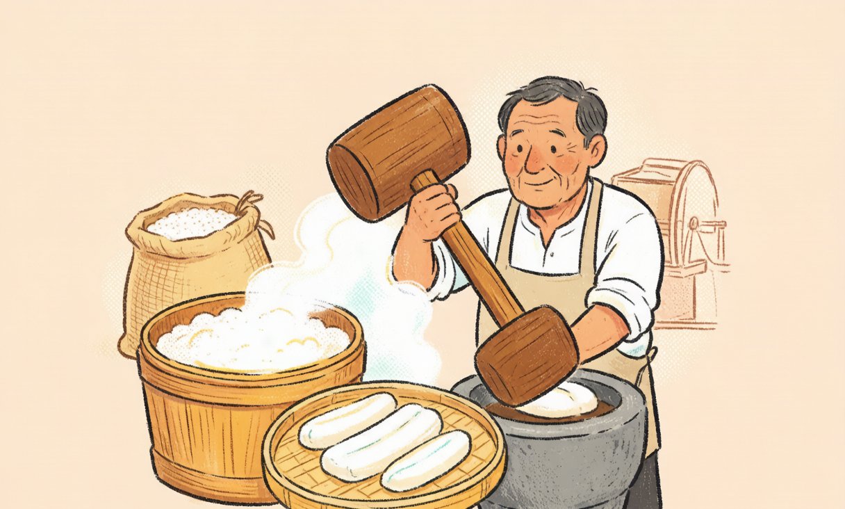 段落图2：慈城年糕作坊里，老师傅围着围裙举起大木槌在石臼里捣年糕，木桶里晚粳米蒸得冒白汽，刚出笼的雪白长条年糕摊在竹匾上，背景还放着一袋米和一座水磨