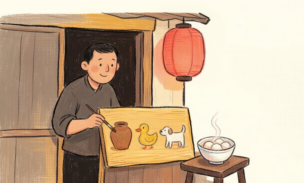 段落图1：1926年城隍庙旁的小摊前，江阿狗提笔在木牌上画招牌——画了一只水缸、一只黄鸭、一条小狗，凑成「缸鸭狗」三个字的谐音；旁边挂着红灯笼，桌上摆着一碗冒热气的小汤圆