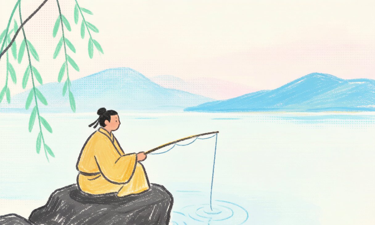 段落图1:范蠡独坐湖边岩石垂钓,曾经搅动天下的人退到只剩一根鱼竿
