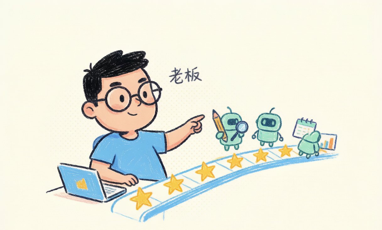 段落图：程序员爸爸像老板一样指挥多个AI小助手在流水线上协作，体现一人大脑借助AI放大十倍产出
