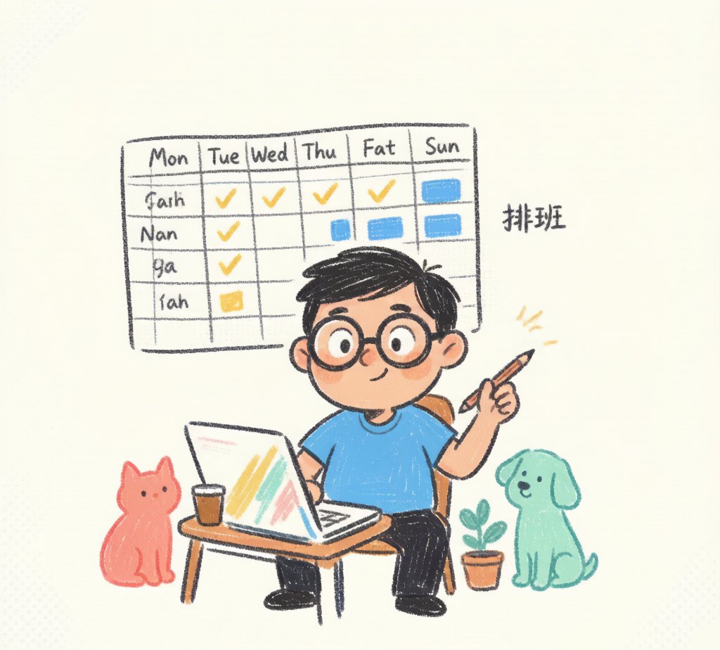 段落图：宠物店打工者用AI做出排班系统——程序员爸爸坐在书桌前满意地指点着笔记本电脑，上方浮现排班表，桌边有小猫小狗作宠物店氛围。